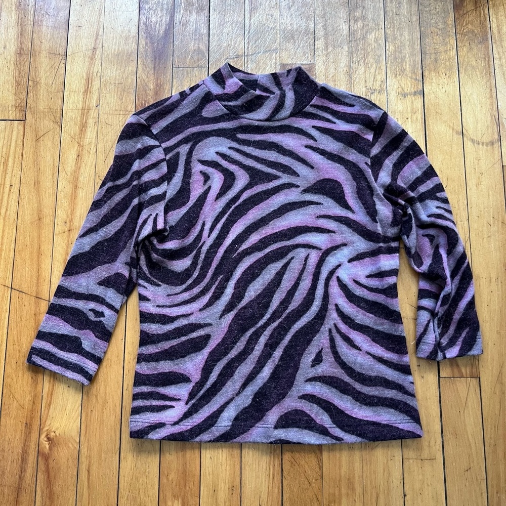 Vtg Fashion Bug Mockneck Purple Pink Zebra Print 3/4 Sleeve Sweater Women’s S